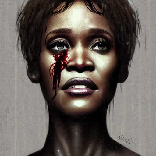 Image similar to young whitney houston as a zombie, 7 days to die zombie, fine art, award winning, intricate, elegant, sharp focus, cinematic lighting, highly detailed, digital painting, 8 k concept art, art by guweiz and z. w. gu, masterpiece, trending on artstation, 8 k