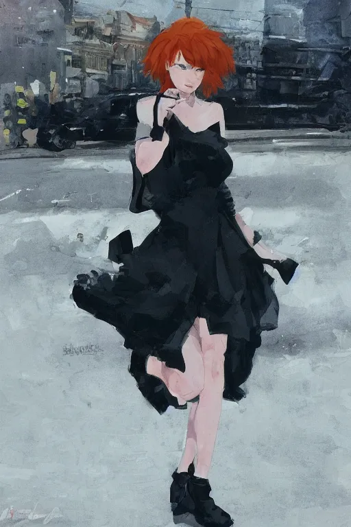 Prompt: beautiful woman with ginger hair and bright blue eyes, black dress, by ilya kuvshinov, krenz cushart, Greg Rutkowski, trending on artstation