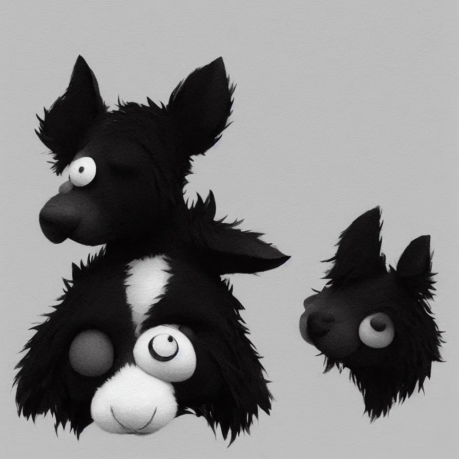 Image similar to Goro Fujita illustrating a beautiful black and white fluffy dog, with big ears on a plain background, art by Goro Fujita, sharp focus, highly detailed, ArtStation