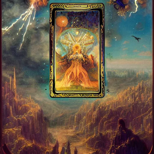 Image similar to a beautiful and highly detailed matte painting of magical tarot cards floating in the midst of magical explosions, intricate details, epic scale, insanely complex, 8 k, sharp focus, hyperrealism, very realistic, by caspar friedrich, albert bierstadt, james gurney, brian froud,