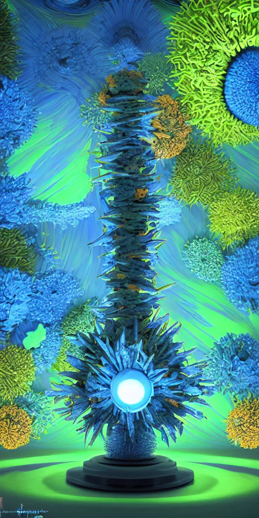 Image similar to 3 d photographic render of a deconstructed flower orange torii mandelbulb sculpture, green bioluminescent chrometype, made of liquid blue metal, neotribal with thorns and blue thunders, cyberpunk japanese temple, raytraced, hyper realistic, volumetric lightning, 8 k, by zhelong xu, ouchh and and innate studio