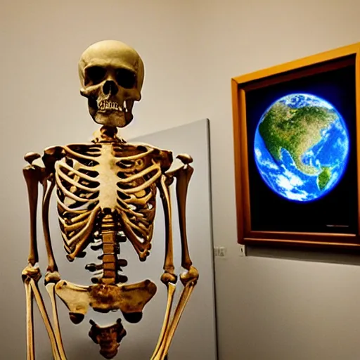 Image similar to A human skeleton in a museum with a picture of planet Earth next to it, science fiction