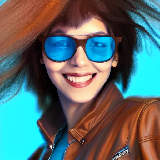 Prompt: closeup painting of a very beautiful young mexican cyberpunk woman smiling, wearing light blue shades and a leather jacket, one side haircut, long brown hair with light blue ends, portrait, hyperdetailed, artstation, cgsociety, 8 k