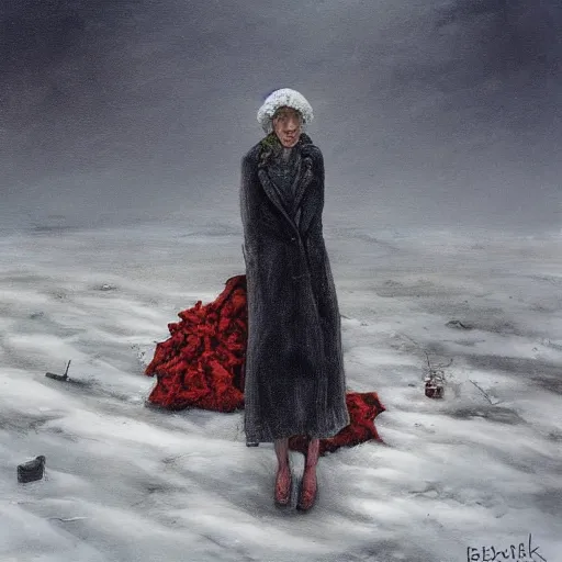 Image similar to a surrealist painting of a lonely woman with white skin and red hair standing over pile of bodies in post apocalyptic snowy landscape painted by beksinsk