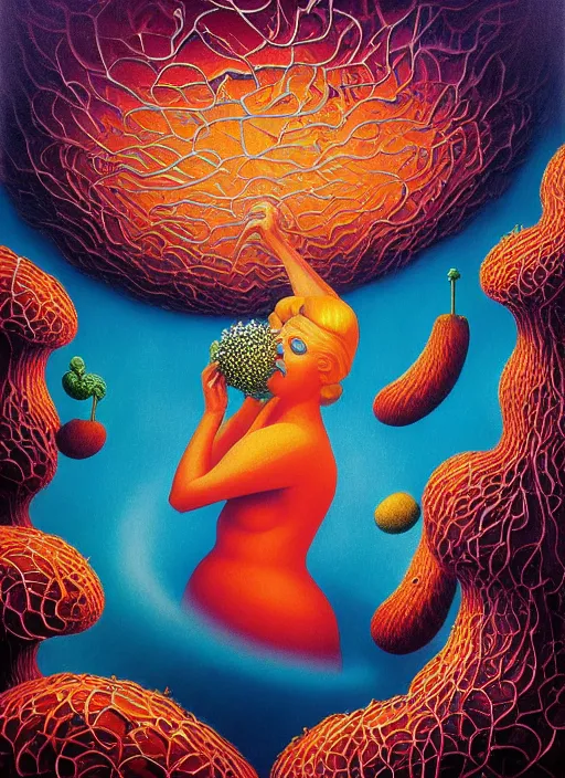 Image similar to hyper detailed Oil painting - Aurora (Singer) Eats of the Strangling Fruit and Her gossamer polyp blossoms bring iridescent fungal flowers whose spores black the foolish stars by Jacek Yerka, Mariusz Lewandowski, Abstract brush strokes, Masterpiece, Edward Hopper and James Gilleard, Zdzislaw Beksinski, Mark Ryden, Wolfgang Lettl, hints of Yayoi Kasuma