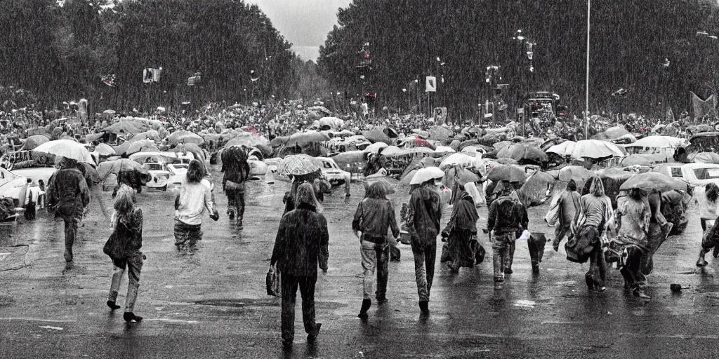 Image similar to magnificent picture of 1969 Woodstock, CCR playing in the rain, Hippie, high detail, digital art, artstation, smooth, sharp