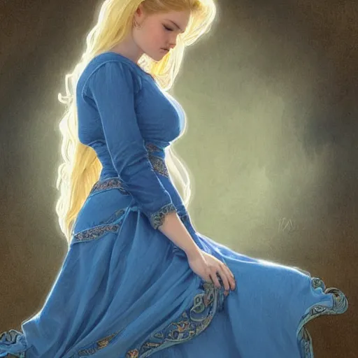 Image similar to full figure ultra realistic illustration, evan rachel wood wearing a maiden blue dress, blonde flowy hair, old west, intricate, elegant, highly detailed, digital painting, artstation, concept art, smooth, sharp focus, illustration, art by artgerm and greg rutkowski and alphonse mucha