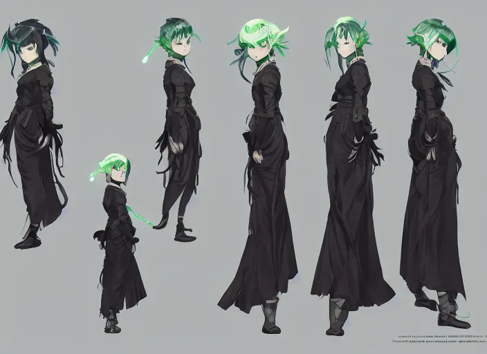 Image similar to character sheet for a beautiful and cute girl for genshin impact by greg rutkowski, black to light green fade hair, genshin impact style, sorcerer magic witch, by studio ghibli, digital art, trending on artstation, hd, 8 k, highly detailed, good lighting, beautiful, masterpiece