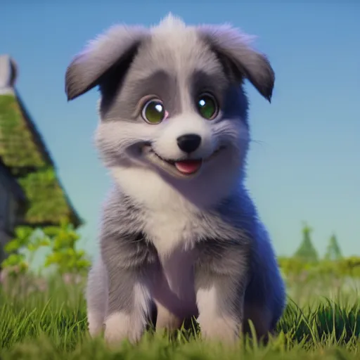 Image similar to a wholesome animation key shot of a gray australian shepherd puppy, studio ghibli, pixar and disney animation, sharp, rendered in unreal engine 5, anime key art by greg rutkowski, bloom, dramatic lighting