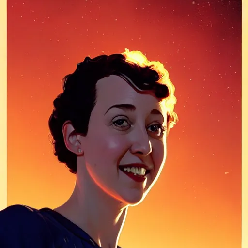 Prompt: a close-up of Kristen Schaal as an astronaut, dramatic backlighting, golden hour, kodachrome, high contrast, highly detailed, sharp focus, digital painting, concept art, illustration, trending on artstation, art by greg rutkowski + greg hildebrandt + alphonse mucha