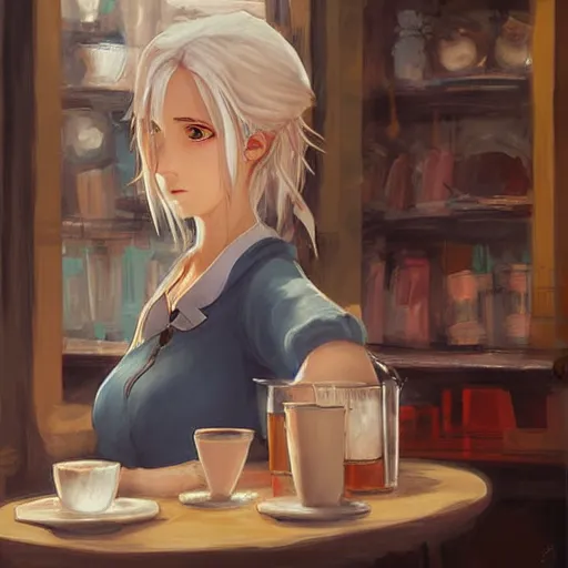 Prompt: Ciri in a cafe in Paris, digital art, by Makoto Shinkai