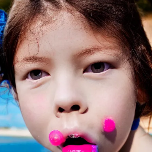 Image similar to girl with blue lips chewing bubble gum on a white sand beach 4k quality super realistic