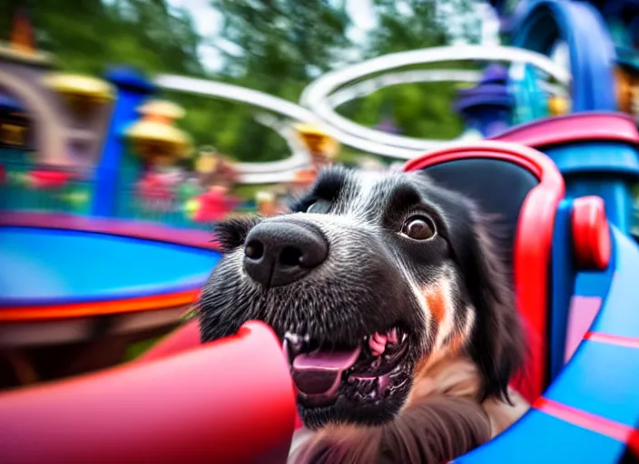 Image similar to film still of a dog riding a roller coaster in disneyland paris, 8 k