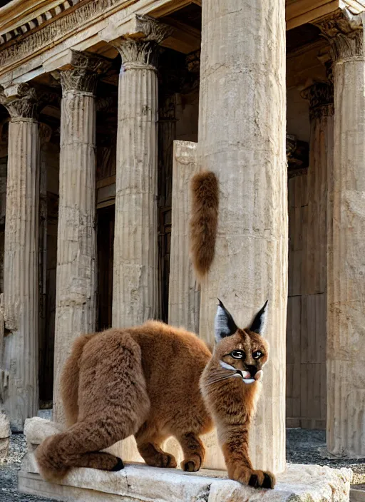 Prompt: hyper realistic fluffy caracal dressed in toga, in ancient greek city, marble columns, temple, olive trees, atmospheric beautiful details, strong composition painted by kim jung giu weta studio rutkowski, james gurney and greg rutkowski, and lucasfilm