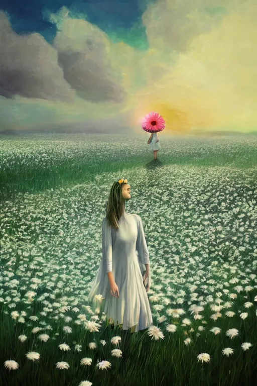 Prompt: giant white daisy flower as head, woman dancing in a flower field, surreal photography, sunrise, dramatic light, impressionist painting, colorful clouds, digital painting, artstation, simon stalenhag