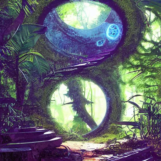 Image similar to stairs leading to a derelict portal in a middle of a lush futuristic forest, alien world seen through a portal, daylight, cinematic lighting, blue sky, syd mead, john harris