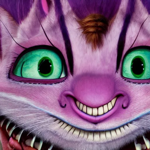 Image similar to the cheshire cat grinning, alice in wonderland, pixar, highly detailed intricate painting