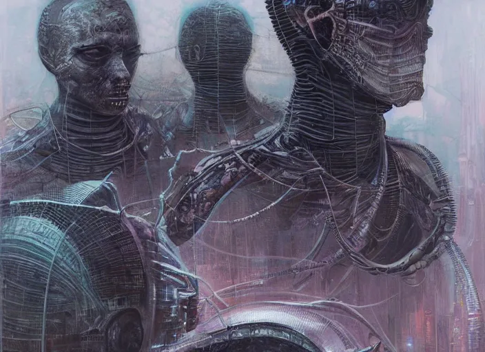 Image similar to highly detailed concept art of neuromancer characters, dystopian post - apocalyptic retrofuturistic vibe, an ultrafine detailed painting by art by hans giger and wayne barlowe, trending on deviantart, pop surrealism, whimsical, lowbrow, perfect symmetrical face, sharp focus, octane, masterpiece