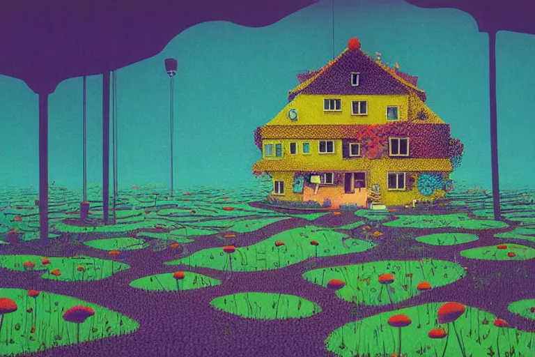 Prompt: surreal glimpse into other universe, house by kengo kuma, summer morning, very coherent and colorful high contrast, art by!!!! gediminas pranckevicius!!!!, geof darrow, floralpunk screen printing woodblock, dark shadows, hard lighting, stipple brush technique,