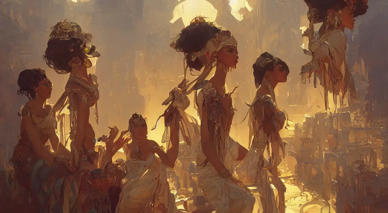 Image similar to bazaar zouk old egypt sky shine digital painting, artstation, concept art, illustration, cinematic lighting, art by artgerm and greg rutkowski and alphonse mucha