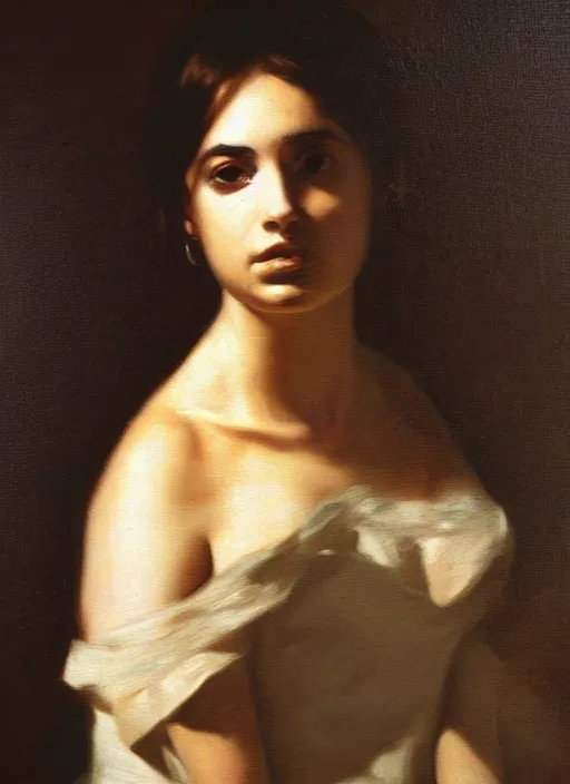 Prompt: unnerving realistic oil painting portrait of Ana de Armas by Francisco de Goya, realistic, dramatic backlighting