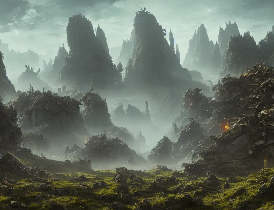 Prompt: the concept illustration of wasteland, ruins after the battle, desolate world, moss creeping up the ruins, rock mountains in background, the broken remains of mechs, greg rutkowski, james gurney, johannes voss, john harris, alena aenami artworks in 4 k