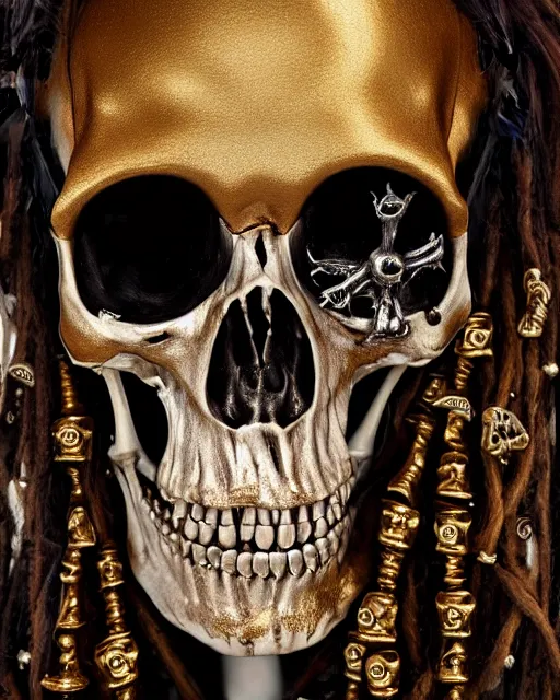 Image similar to realistic portrait of a pirate of bones, dark, gold, silver ornaments, facing camera, photo realistic, detailed, 1 4 5 0, delicate, hyper realism, ultra realistic, 8 k