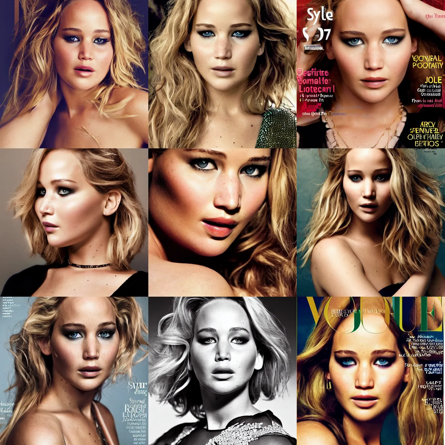 Prompt: beautiful portrait photo of jennifer lawrence in style of vogue, cosmopolitan glamour fashion magazine photoshoot edition, highly detailed, focus on face, soft lighting