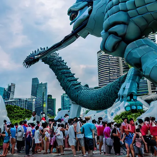 Image similar to large group of people and robots attacking merlion sculpture in Singapore, photorealistic, ultra-detailed, high resolution, HDR shot, cinematic lighting