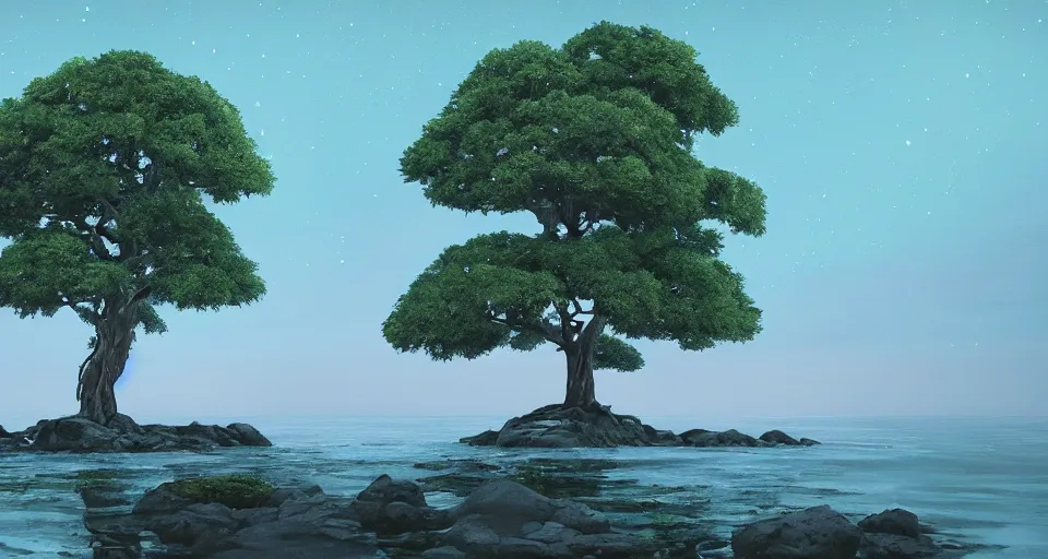 Image similar to a beautiful landscape painting of a tree on an island in a tranquil sea, reflections, night time, long exposure, hyper detailed, digital art, trending in artstation, cinematic lighting, studio quality, smooth render, unreal engine 5 rendered, octane rendered, art style by kurzgesagt and nixeu and ian sprigger and wlop and krenz cushart