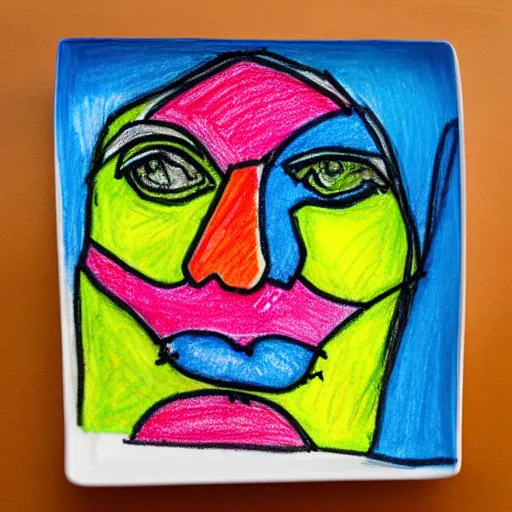 Image similar to a colorful crayon drawing of a face on a paper plate