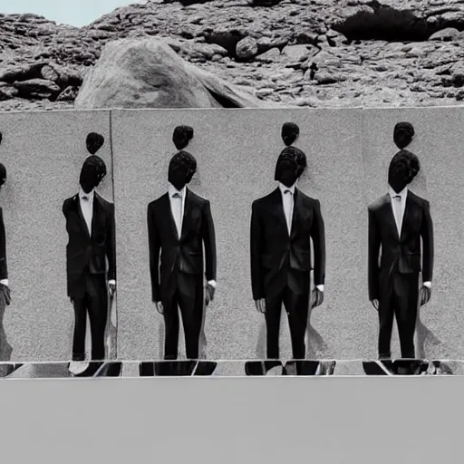 Image similar to Contamporary art fashion photography of ultra mega super hyper realistic detailed group of monkey's in suits standing around very highly detailed stainless steel monolith situated in the desert. Photo shot on ultra mega super hyper Leica Camera