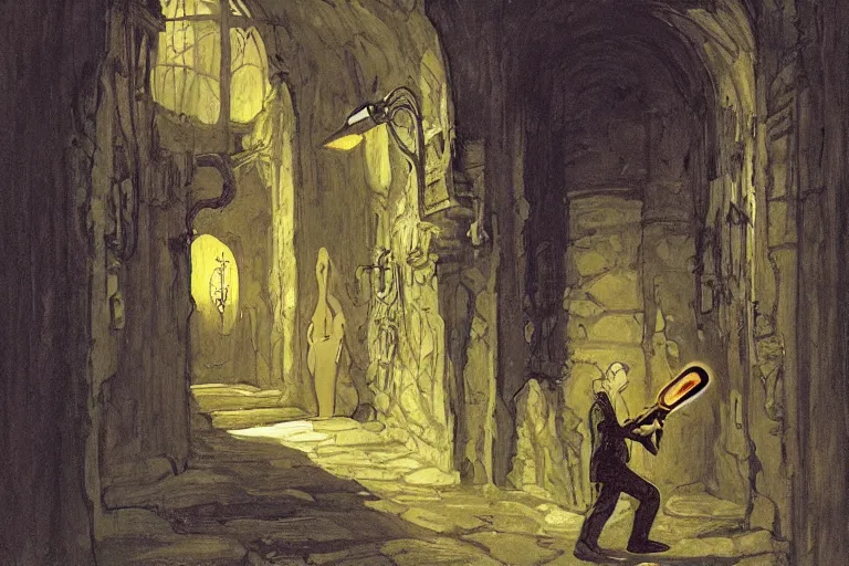 Image similar to a man holds a torch and explores a Dungeon, luminous, Art Nouveau