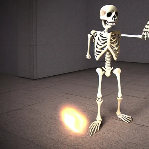 Prompt: a skeleton wandering through an endless dungeon with a torch, 3 d