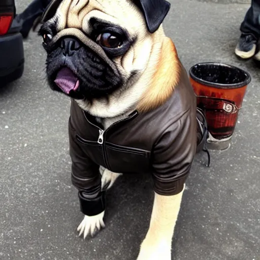 Image similar to pug in a leather jacket smoking a cigarette