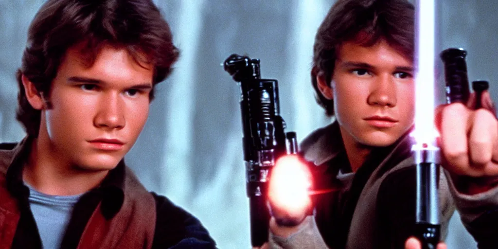 Image similar to a full color still of a teenaged Han Solo holding a lightsaber hilt, cinematic lighting, 1999, directed by Steven Spielberg, 35mm