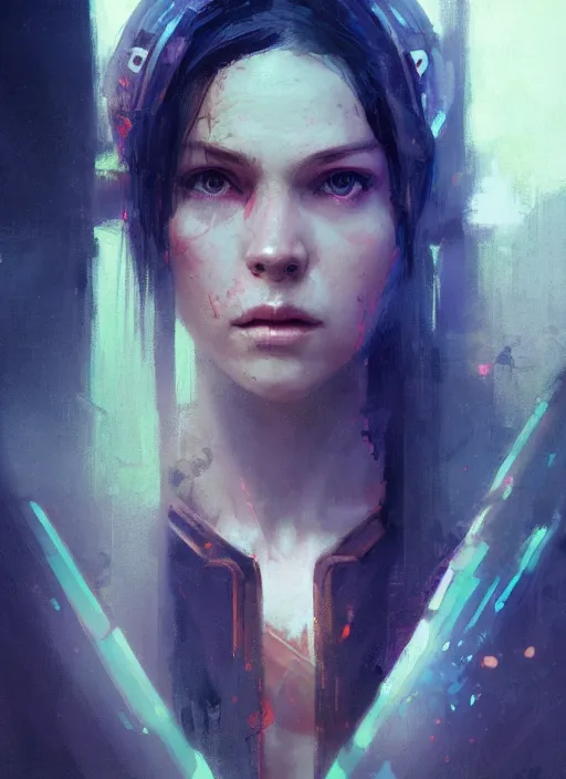 Image similar to female jedi, beautiful face, neon, rule of thirds, intricate outfit, spotlight, by greg rutkowski, by jeremy mann, digital painting