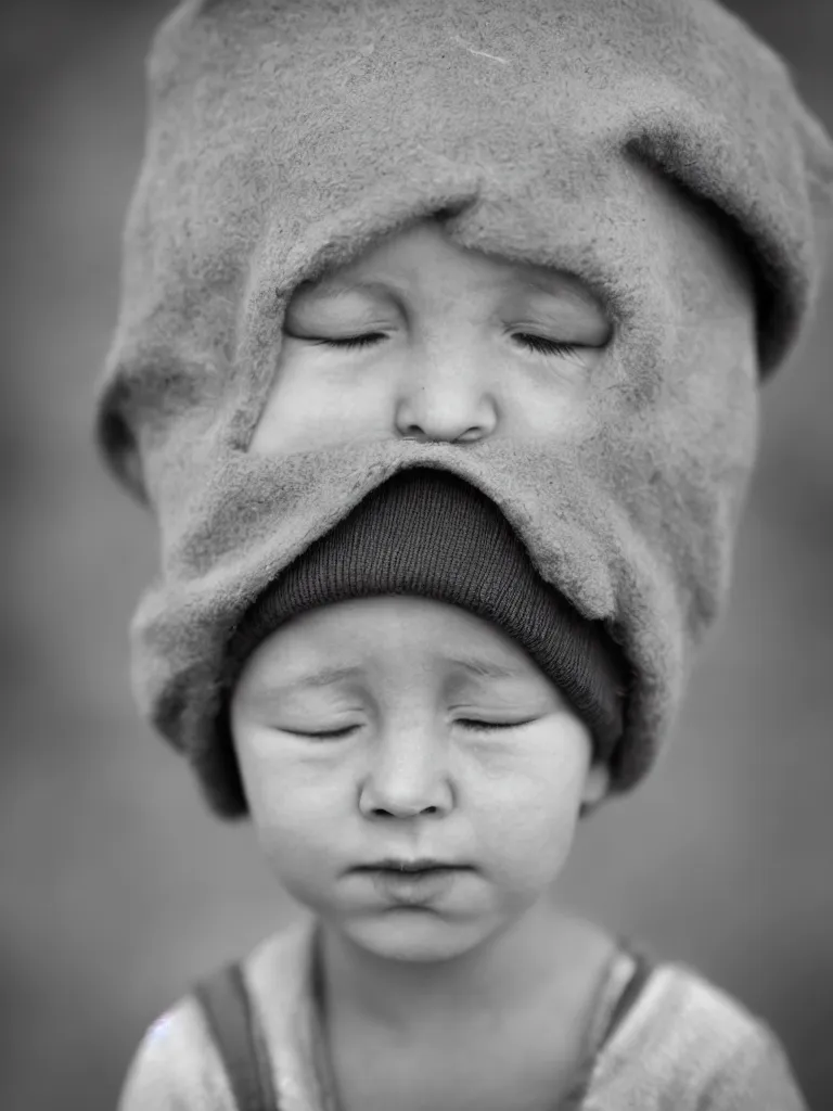 Image similar to High resolution black and white portrait with a 35 mm F/5.0 lens of a child in Soviet Russia with closed eyes and a sad face about to cry.