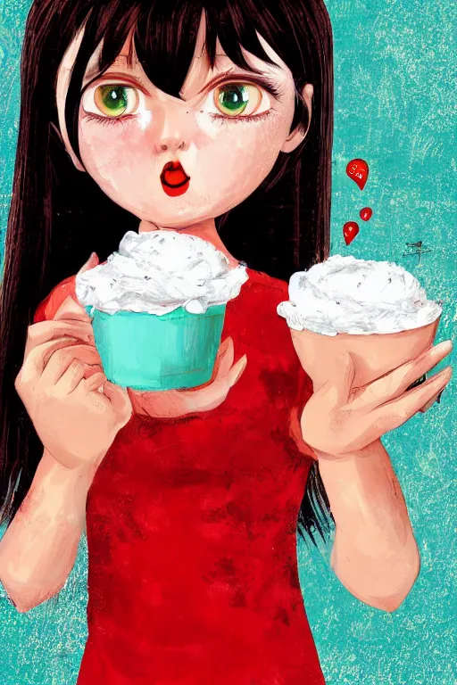 Prompt: cute girl in red dress with black hair and large beautiful eyes consuming ice cream in her bed, digital art