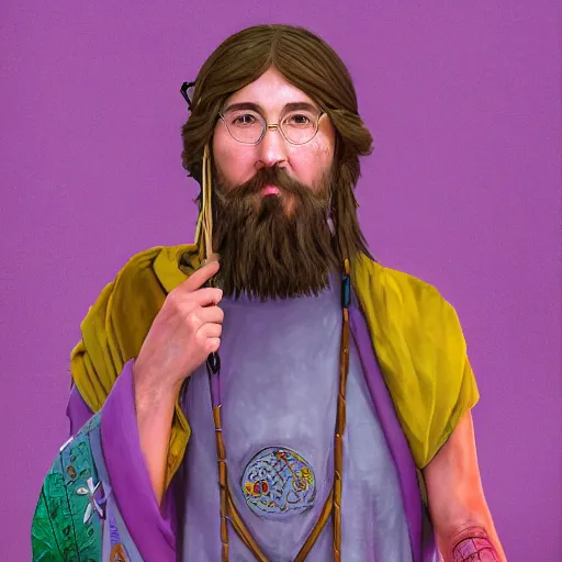 Image similar to A professional digital portrait painting of a hippie D&D druid, painted by Wes Anderson, painted by Hayao Miyazaki, dressed in light armor, 4k, digital art, trending on cgsociety, highly detailed, head and shoulders shot, shallow depth of field, purple and yellow lighting, professional lighting, airbrush,