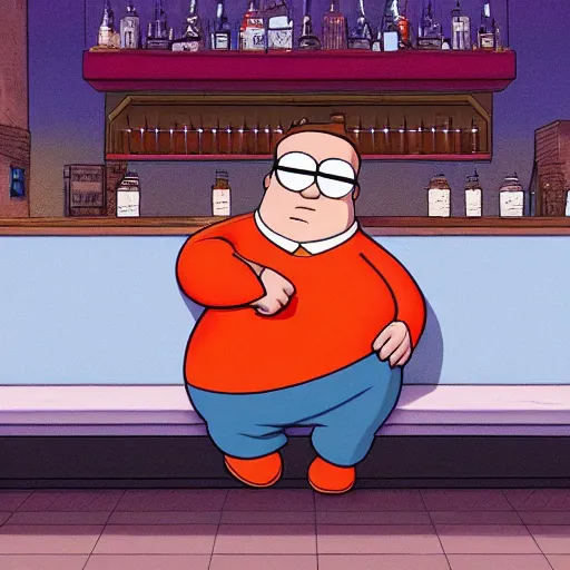 Image similar to Peter Griffin wearing Lois outfit sitting in a bar, lonely, looking sad, trending on artstation