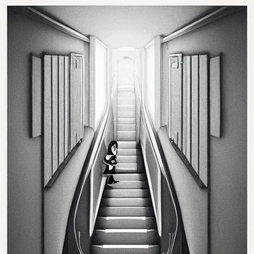 Prompt: “a disorienting white hallway and stairwell with many doors, confusing, creepy, eerie, doors, stairs, strange dimension, anime style, detailed background, trending on artstation”