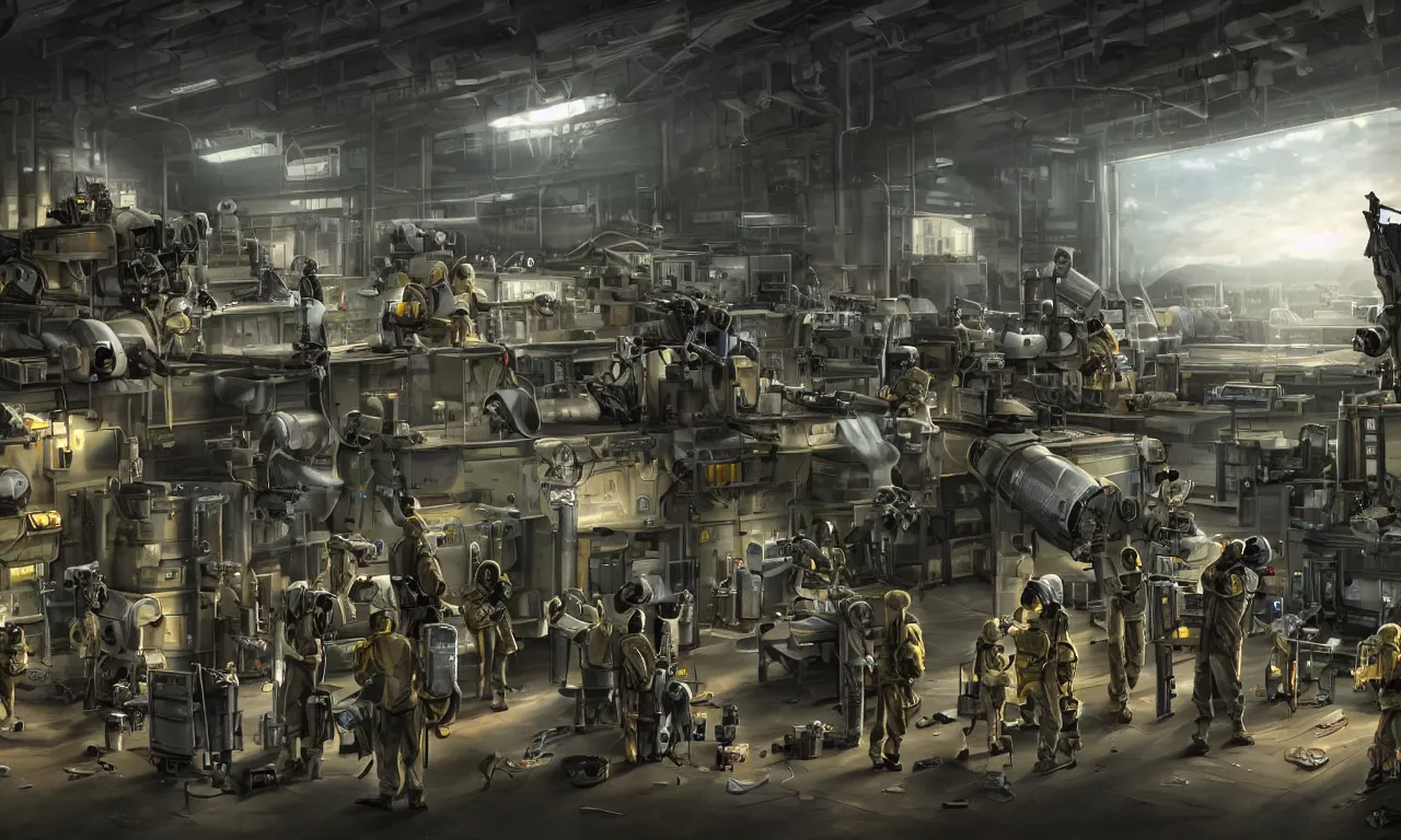 Image similar to epic scenic shot, highly detailed weapons laboratory, clean and organized, quantum technology, bright lights, warehouse, with a couple anthropomorphic furry researchers in military uniforms and hazmat suits, carrying guns, firing range, tables, parts, gun scraps, windows, sci fi, Extremely detailed digital art, furry art, furaffinity, DeviantArt, HD artstation