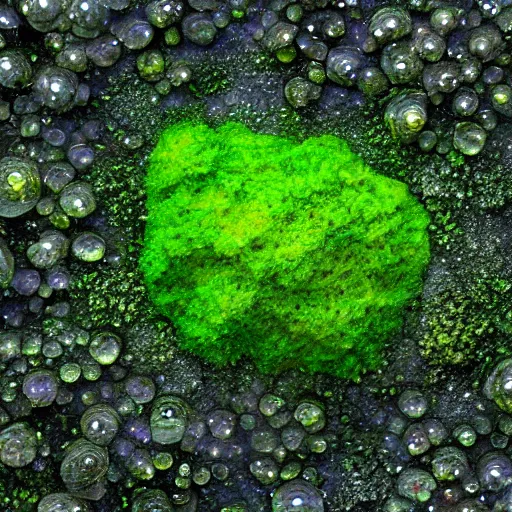 Prompt: '' fluorescent moss on crystals under a swampy sea ,sluorescent algae,macro 8k hyperrealistic''