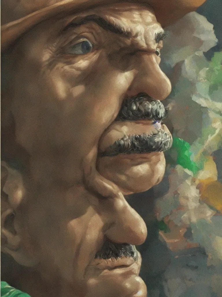 Prompt: realistic portrait of luigi from mario bros, by jean gireaud and hiroshi yoshida and craig mullins