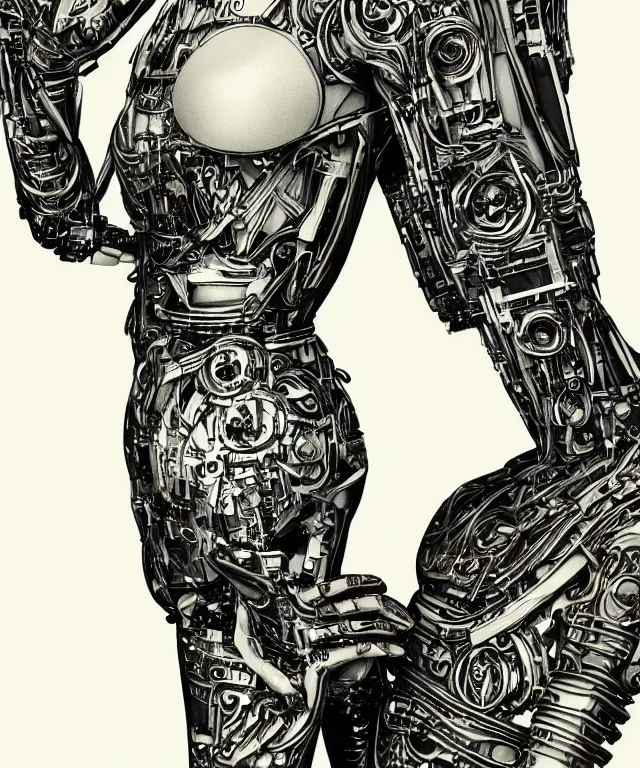 Image similar to a woman turning into an android, portrait, wearing aa cybernetic body, surrealism, intricate detail, ornate armor