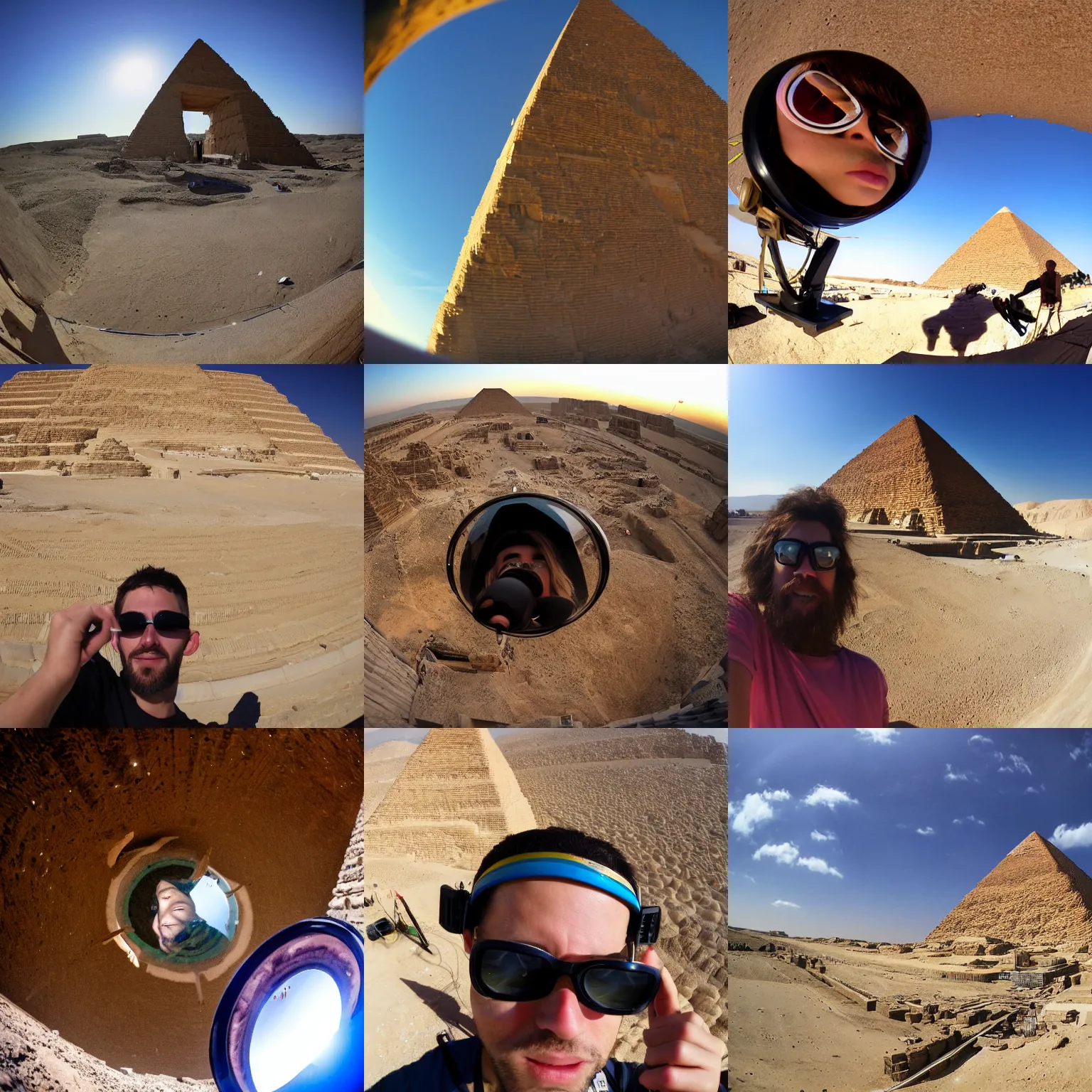 Prompt: fisheye lenses selfie of an alien while constructing the great pyramid of gyza high quality 4k