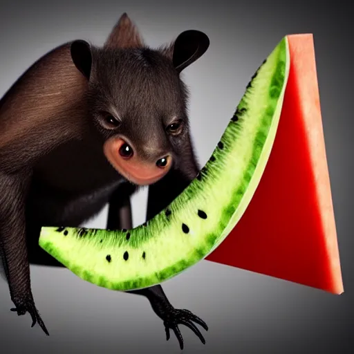 Prompt: very cute realistic fruit bat eats a triangle watermelon piece, digital art, high quality, illustration, art, detailed, 3 d render, unreal engine, clear colours, radiant light, sticker,