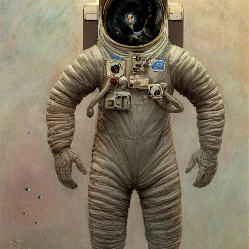 Prompt: a melancholy astronaut | highly detailed oil painting, hyperrealistic, very intrincate | cinematic lighting, award - winning | by rachel ruysch, giger, beksinski and bocklin | by austin osman spare and william blake, trending on artstation, cgsociety, official art, octane.