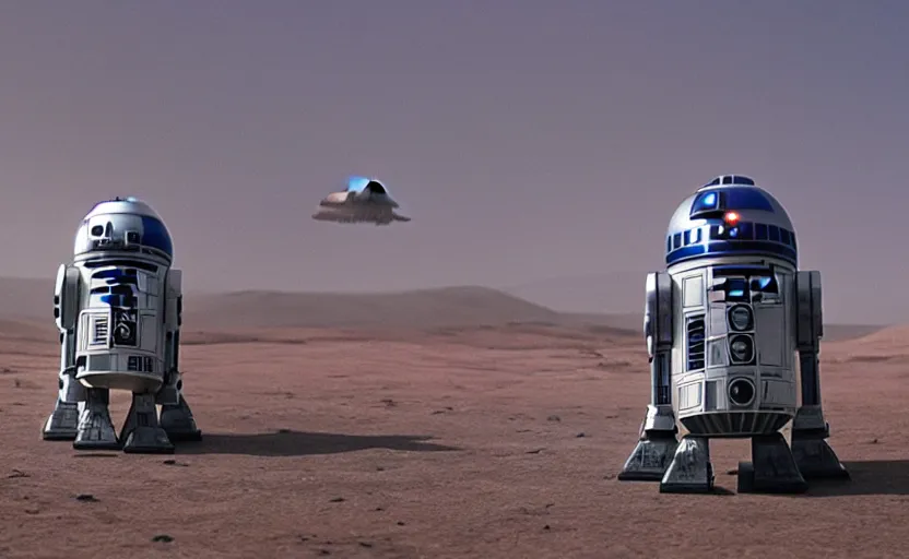 Prompt: a screenshot wide shot of astromech R2-D2 AT-AT land walkers, marching on a surreal red planet landscape, from The Last Jedi, iconic scene from the 1979 film directed by Stanley Kubrick, shot on anamorphic lenses, cinematography, 70mm film, lens flare, kodak color film stock, ektachrome, immensely detailed scene, 4k